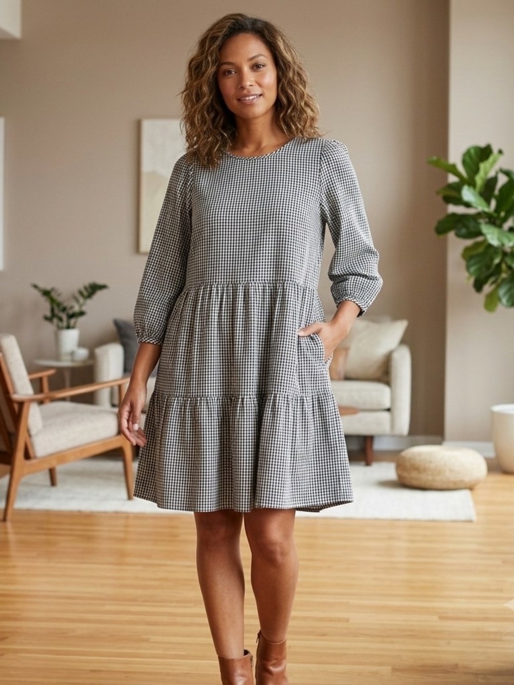 Abercrombie & Fitch Black and White Gingham Tiered Mini Dress